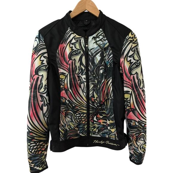 Harley Davidson Multicolor Tattoo‎ Mesh Overlay Zipper Riding Jacket Size Medium - Picture 1 of 10